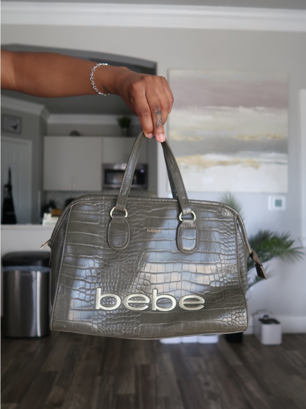 bebe Olive Croc-Embossed Satchel with Logo Hardware